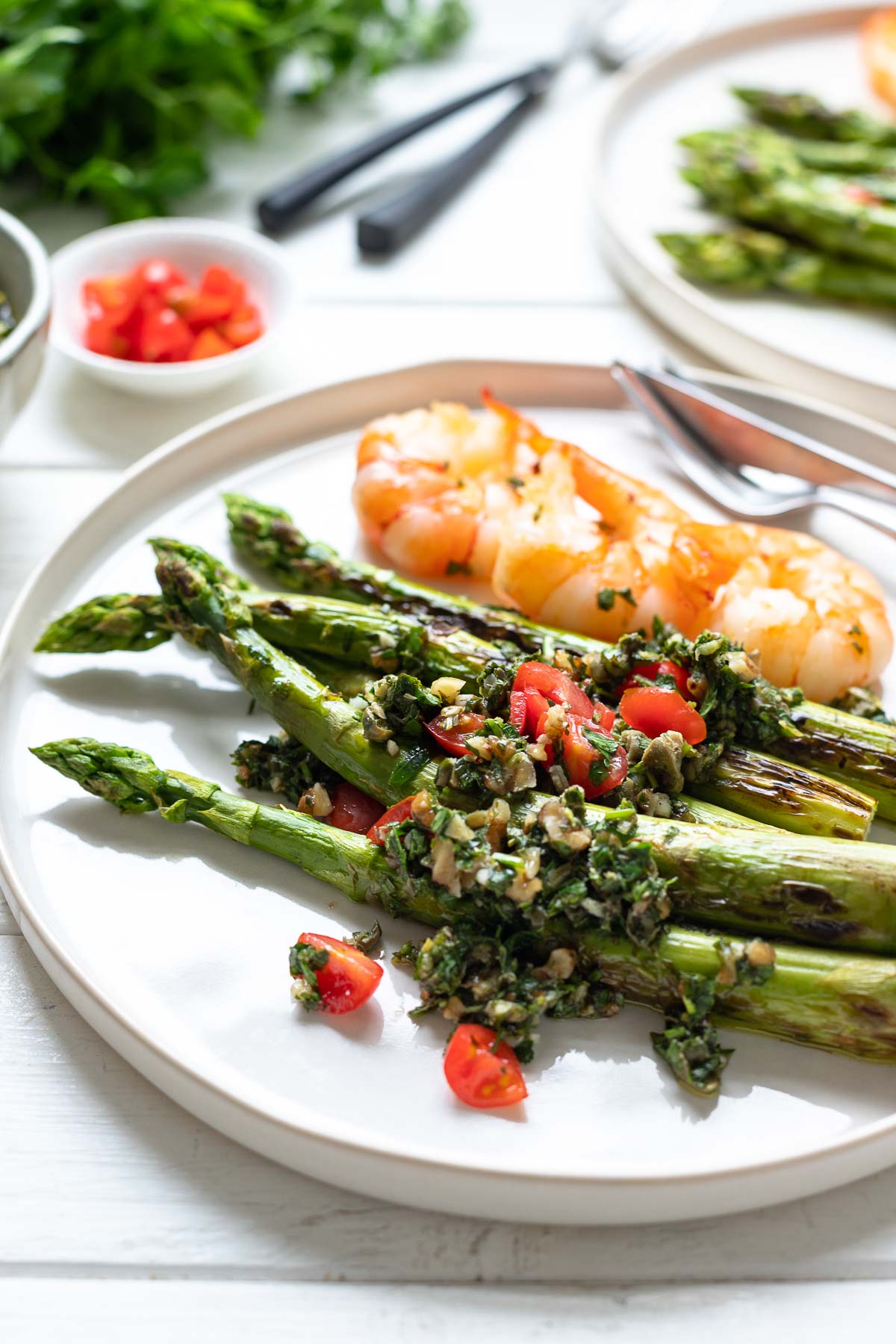 Grilled asparagus with Italian salsa verde & king prawns recipe